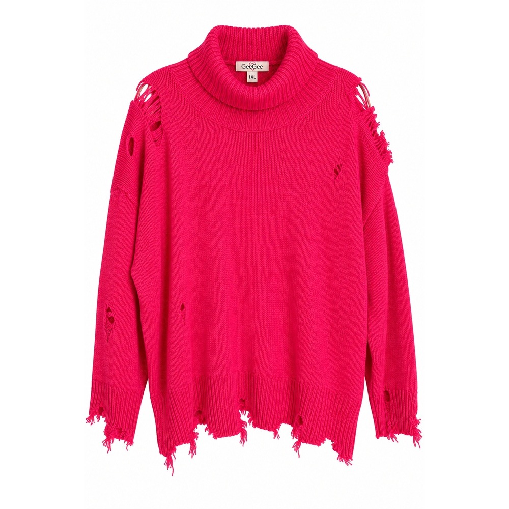 GeeGee Womens 1XL Neon Pink Distressed Turtleneck Sweater Plus Size BNWOT